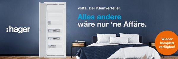Werbebild von Hager. Der Kleinverteiler volta neben einem Bett